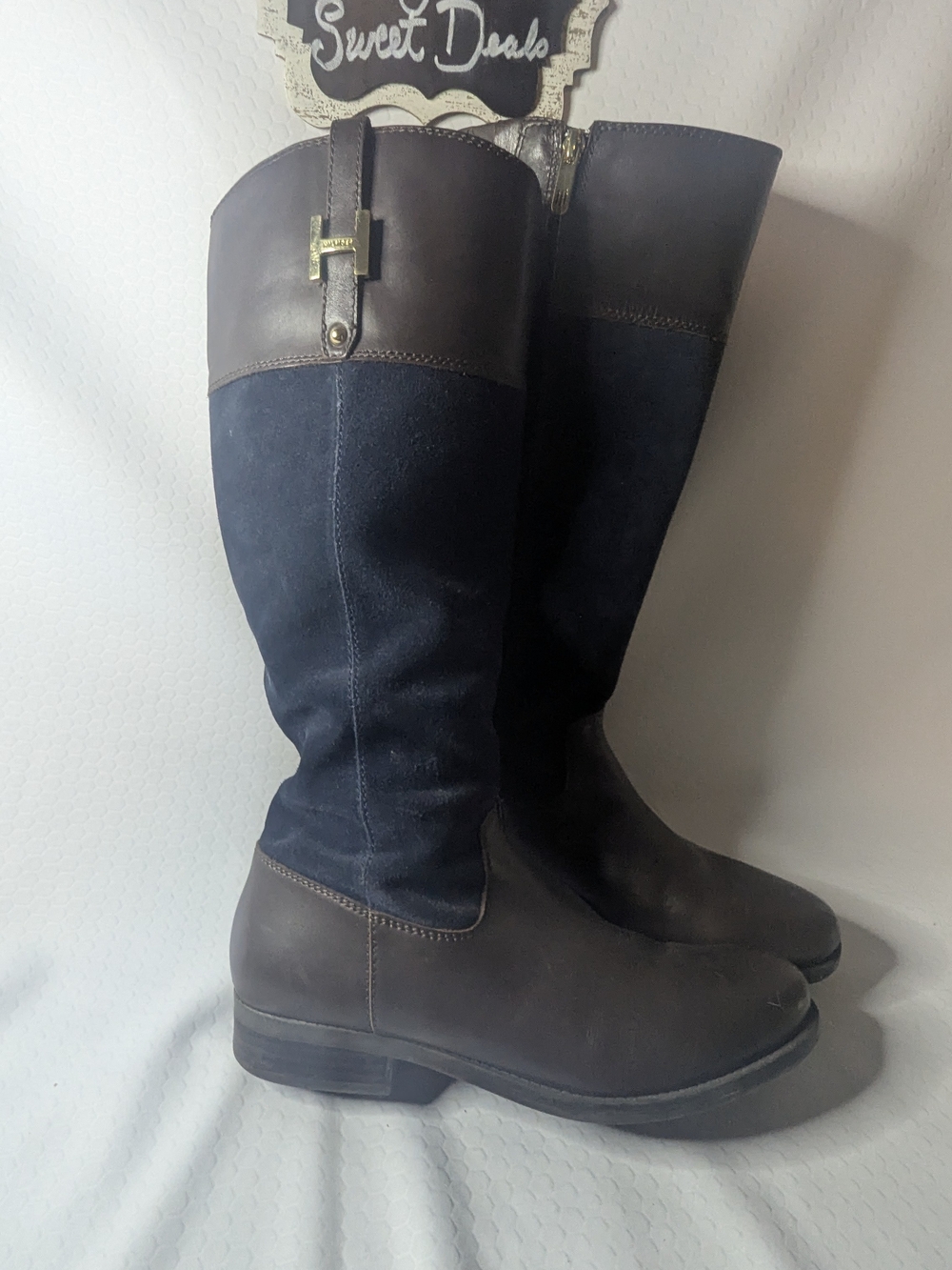Brown Blue Leather Suede Boot Sz 11 Hilfiger
